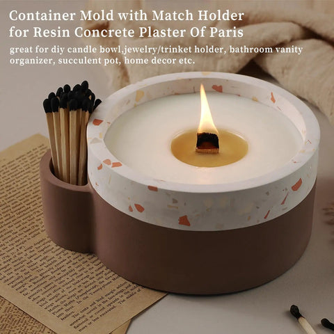 Big Ol Candle Holder Mold for Silicone Resin and Concrete DIY Vessels Round Storage Jar with burning candle and match holder