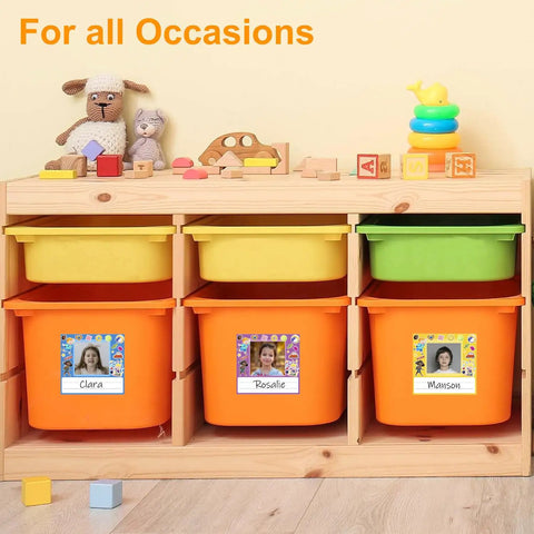 Kid Friendly Photo Desk Nameplates Set 36 Self Adhesive Name Tags with photo space on storage bins for classrooms 4.5x4.75 inches