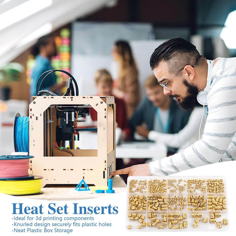 Man using 3D printer with Must Have 420 Pcs Brass Heat Set Threaded Inserts Kit For Plastic M2 To M6 Knurled Nut Inserts