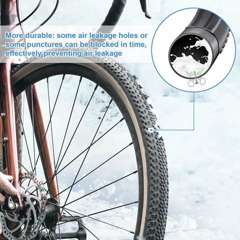 Close-up of a bike tire with inset showing Two Pack 700C Self Sealing Bike Tubes 35C To 43C Puncture Resistant AV48mm Valve in action.