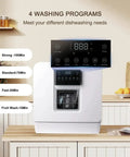 Portable Countertop Dishwasher With Built In Water Tank And Pull Rack showing 4 washing program options on control panel.