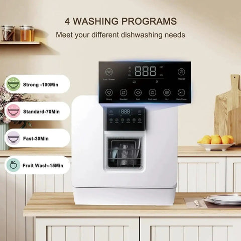 Portable Countertop Dishwasher With Built In Water Tank And Pull Rack showing 4 washing program options on control panel.