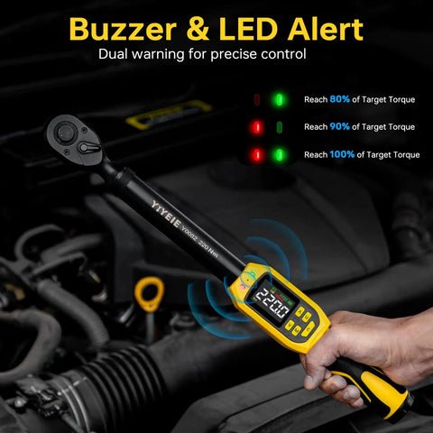 Pro Grade Digital Torque Wrench Three Eighths Inch Drive With Five To Ninety Nine Point Five Foot Pounds Range Plus One Percent Accuracy in use on engine