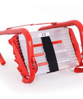 Portable Fire Ladder For 3 Story Emergency Escape 25 Foot Aluminum Ladder With Wide Steps Quick Deploy Tangle Free Mechanism V Center Support And High Load Capacity For Safe Home Evacuation, folded red aluminum ladder