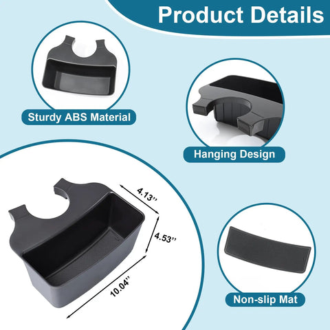 Product details of Dodge Ram Center Console Hanging Organizer Box with ABS material, hanging design, and non-slip mat for 2013-2026 models.