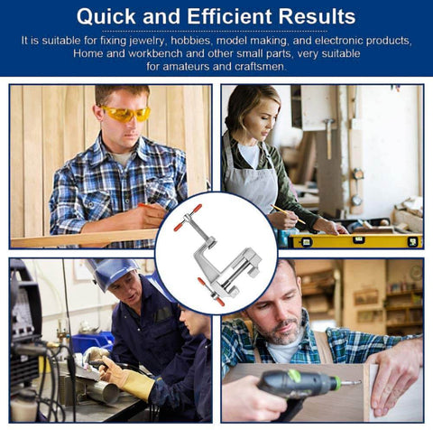 Collage of people using tools with center image of Compact Jeweler Table Clamp Vise For Hobbyists And Woodworking, Mini Bench Vise With 360 Degree Rotation, Heavy Duty Metal Work Clamp For Crafts And Metalworking Projects