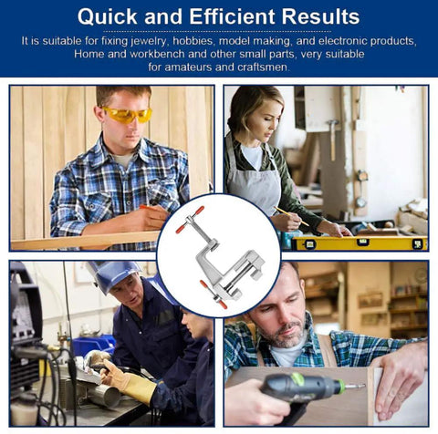 Collage image with Mini Jeweler Table Clamp For Hobbyists And Pros Portable Workbench Vise With Secure Grip Durable Metal Construction
