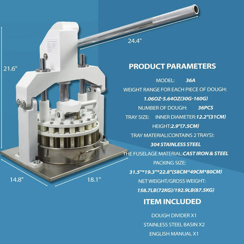 Lock In Perfect Portions Every Time With This Solid 36 Piece Stainless Steel Dough Divider And Reliable Portioner displaying product parameters and dimensions.
