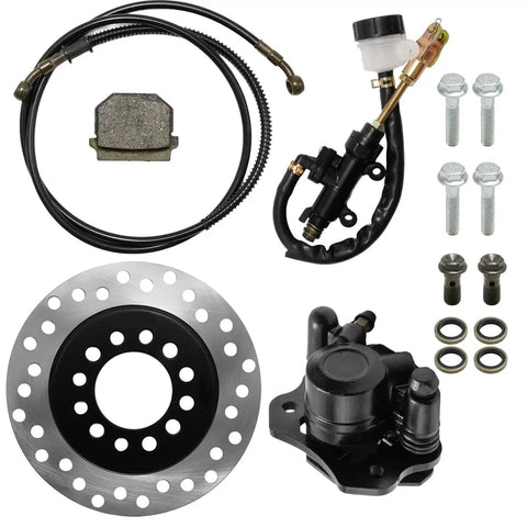 Rear And Front Hydraulic Brake Assembly Caliper Master Cylinder Kit With Disc Rotor And Brake Pad For Go Kart Golf Cart And ATV Replacement Beefed Up Stopping Power For 50cc To 200cc Engines, showing brake components laid out