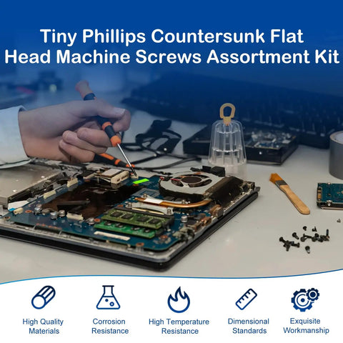 Top Shelf 525 Piece M2 M2.5 M3 Countersunk Flat Head Phillips Screw Assortment Pack Carbon Steel Hardware Tools For Laptop Computers And Motherboard Repair, in use on a laptop.