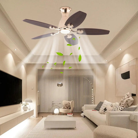 Ceiling Fan with Light Chandelier Modern Gold 5 Blades for Living Room, stylish design with warm light and airflow in a modern setting.