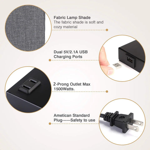 Details of Black Nightstand Lamps 2 Pack with Touch Dimming AC Outlet and Dual USB Ports Fabric Shade Bedside Lamps features.