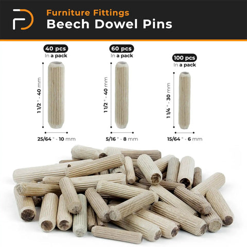 Heavy Duty Fluted Wooden Dowel Pins 100 Piece Set With Smooth Beveled Tips For Zero Drama Woodworking Joints Plus Straight Shooting Alignment For Top Shelf Furniture Repairs And Weekend DIY Projects At 15 64 Inch Diameter displayed in various pack sizes.