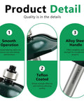 Infographic detailing features of Pro Grade 3 Piece Cabinet Door Router Bit Set including smooth operation, Teflon coating, alloy steel handle.