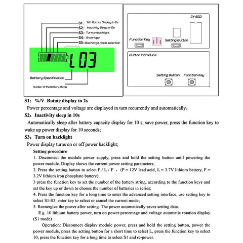 Golf Cart Battery Meter With Alarm And Front Button And Switch Key Settings 12V To 84V Voltage Indicator Gauge For Li Ion And Lead Acid Batteries Easy Read Display Backlight Toggle Sleep Mode Battery Capacity Readout, green display settings diagram
