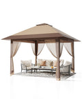 13X13Ft Pop Up Gazebo Canopy With Double Roof Mosquito Netting Keeps Insects Out Adjustable Height UV Resistant Waterproof Heavy Duty Portable Outdoor Shelter For Patio Garden Backyard Camping And Parties with furniture underneath