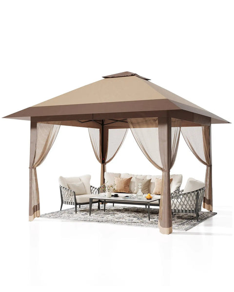 13X13Ft Pop Up Gazebo Canopy With Double Roof Mosquito Netting Keeps Insects Out Adjustable Height UV Resistant Waterproof Heavy Duty Portable Outdoor Shelter For Patio Garden Backyard Camping And Parties with furniture underneath