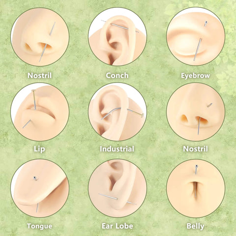 Piercing Taper Grabber Set For Changing Jewelry 14G 16G 18G 20G shown in use on various ear, nose, lip, and belly locations.