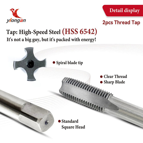 Two Pack HSS M12 X 1.75 Tap Set detail with spiral blade tip, square head, high-speed steel material, for metal threading.