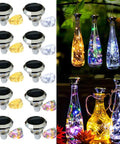 Solar Diamond Wine Bottle Lights 10 Pack with 20 LEDs Outdoor Waterproof Multicolor Fairy String Lights, bottles on display at night