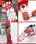 All In One Lockout Tagout Kit with valve lockout, universal circuit breaker locks, and lockout hasps securing electrical panels