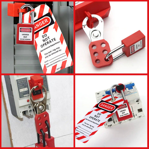 All In One Lockout Tagout Kit with valve lockout, universal circuit breaker locks, and lockout hasps securing electrical panels