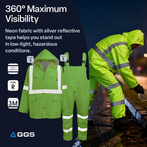 Hi Vis Rain Gear Set With Detachable Hood Three Piece Jacket Bibs For Night Shifts Worksite Ready Neon Yellow Waterproof Rain Suit For Men And Women X Large