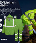 FrogWear GLO 8000 High Visibility Three Piece Rain Suit Unisex Waterproof Jacket Bibs with Detachable Hood in neon yellow with reflective 3M tape.