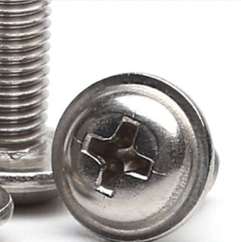 Pro Grade 304 Stainless Steel Self Tapping Screws With Built In Washers M3 X 20 Millimeter pan head bolts close-up view.