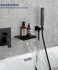 Waterfall Tub Faucet With Handheld Shower Matte Black Wall Mount Bath Filler Combo High Flow Tub Spout Single Lever Handle