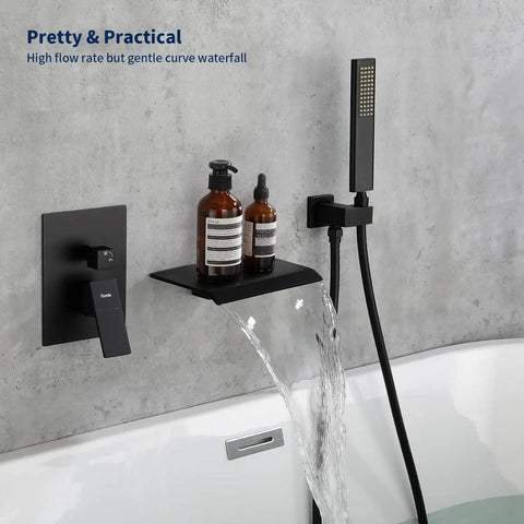 Waterfall Tub Faucet With Handheld Shower Matte Black Wall Mount Bath Filler Combo High Flow Tub Spout Single Lever Handle