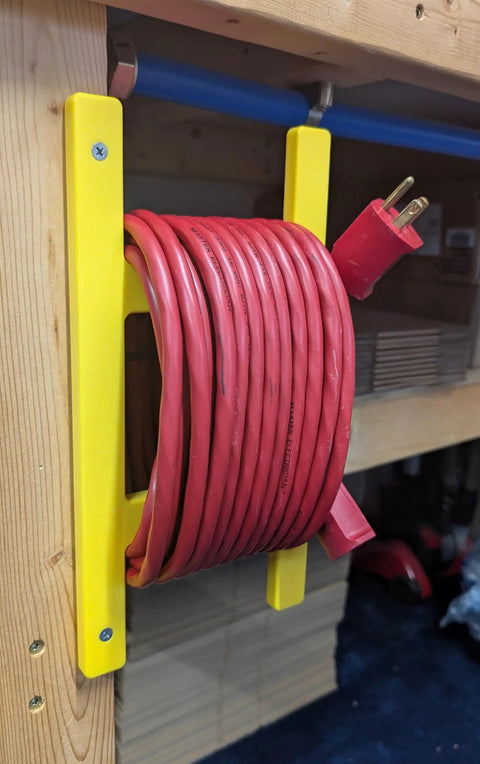 Heavy Duty Extension Cord Reel And Yellow Cord Organizer Set Two Pack That Holds 100 Feet Each for wall mounting in garage
