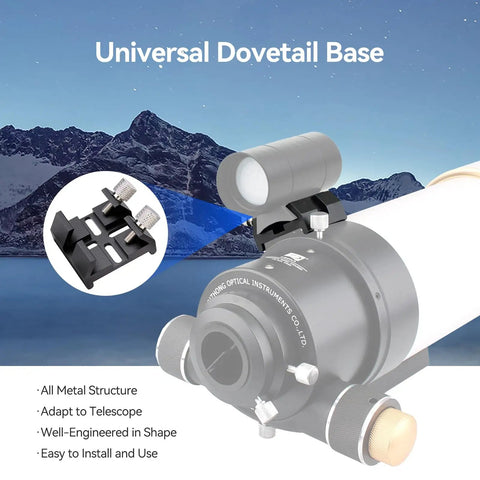 Universal Dovetail Base Finder Scope Mount Bracket on telescope, aluminum structure with inset image showing bracket detail.