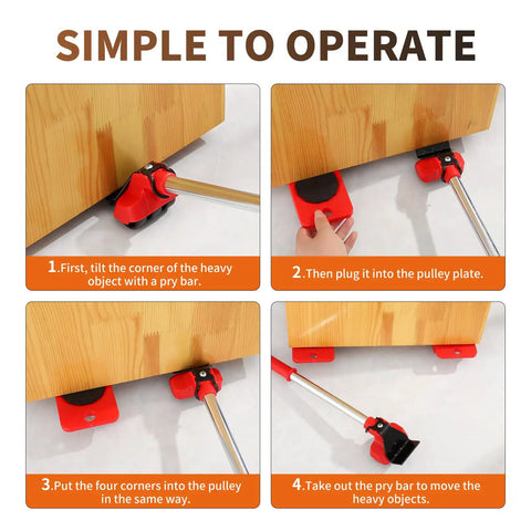 HQO LOVL Furniture Glider Kit with Four Carbon Steel Slides for Sofa Fridge Moving - Easy lifter tool setup steps displayed.