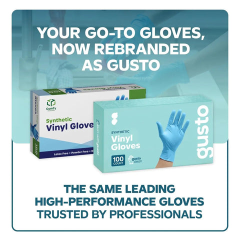 Blue Disposable Vinyl Gloves 100 Count Powder Free And Latex Free Comfy Flexible Fit For Cleaning Food Prep And Household Tasks Non Sterile Durable Synthetic Vinyl with packaging.