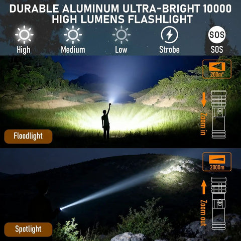 Person using Uber Bright Rechargeable LED Flashlight Lantern For Camping And Outdoors, 10000 Lumens in a field at night