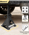 Beefy Heavy Duty 3 Ton Steel Jack Stands Adjustable Lift Stands Pair With Sawtooth Ratchet Bar And Double Lock Stable Pyramid Base Black Car Lifting Stands For Safe Vehicle Support In The Garage in use under a car, showcasing stability and security.