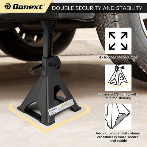 Beefy Heavy Duty 3 Ton Steel Jack Stands Adjustable Lift Stands Pair With Sawtooth Ratchet Bar And Double Lock Stable Pyramid Base Black Car Lifting Stands For Safe Vehicle Support In The Garage in use under a car, showcasing stability and security.