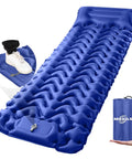 Ultralight Sleeping Pad With Built-In Pump For Camping And Hiking, Slim Compact Air Mattress, blue with carry bag and foot pump detail