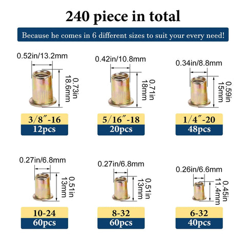 Rivet Nut Kit 240 Pcs Dope Six Size Set With 6-32 8-32 10-24 1/4-20 5/16-18 3/8-16 UNC Zinc Plated Carbon Steel Nutserts