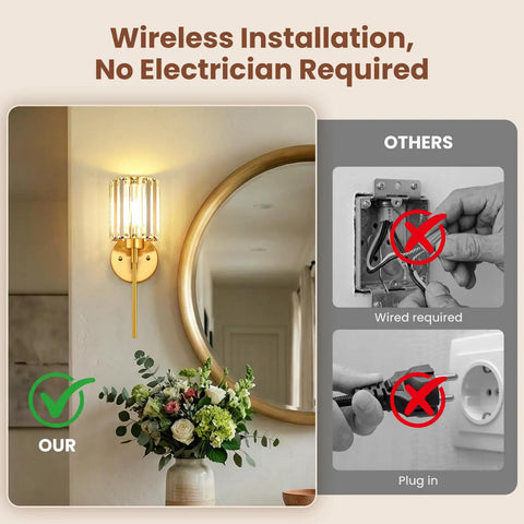 Wireless installation demonstration of Two Pack Crystal Rechargeable Wireless Wall Sconces Featuring Brushed Gold Finish.