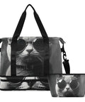 Waterproof Sports Gym Bag With Dry Wet Compartment And Shoe Storage, Large Capacity Duffel in Gray Cat With Sunglasses Design