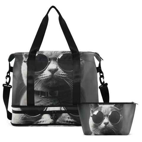 Waterproof Sports Gym Bag With Dry Wet Compartment And Shoe Storage, Large Capacity Duffel in Gray Cat With Sunglasses Design
