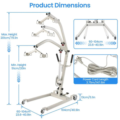 Dimensions of Heavy Duty Electric Patient Transfer Lift With Sling 510 Lbs Capacity showing height and base sizes.