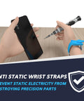 Person using Mega-Value 140in1 Precision Screwdriver Set With Case for DIY Electronics Repair on smartphone with anti-static wrist strap.