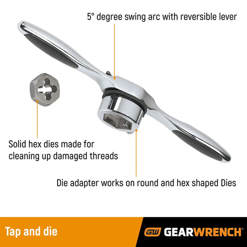 Close-up of 77 Piece SAE And Metric Ratcheting Tap And Die Set With Twist Lock Guide System showing T-handle and die, GearWrench Model 3887.