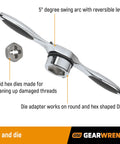 Super Handy 42 Piece Metric Ratcheting Tap And Die Set showing reversible handle with hex and round die adapter.
