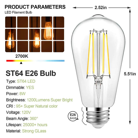 Dimmable Vintage LED Edison Bulbs 8W Equivalent To 100W ST64 Antique Filament Bulbs With 95 CRI Warm White 2700K E26 Medium Base