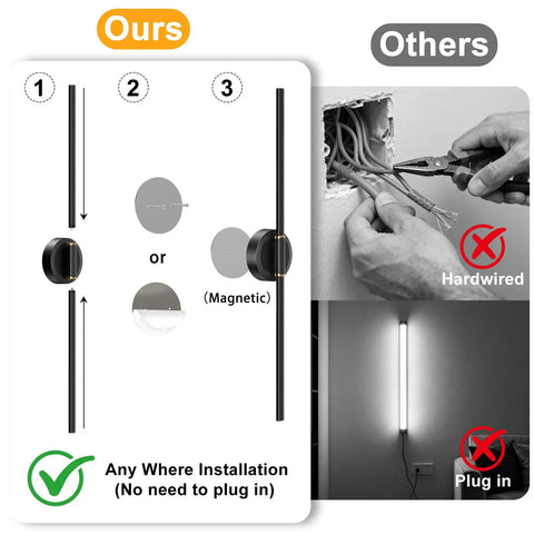 Premium Rechargeable LED Wall Sconces Set Of Two With Remote Control showing easy installation options with no hardwiring needed.