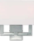 Hollborn Collection Transitional Three Light Wall Sconce in Brushed Nickel Finish, sleek dope steel fixture close-up with off-white shade.